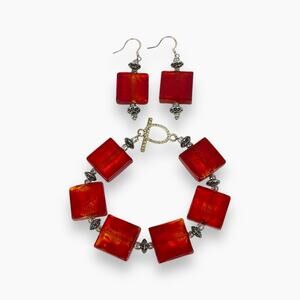 Artisan Jewelry Set Pierced Dangle Earrings Bracelet Red Square Bead Silver Tone